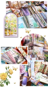 Detail of retro window-themed scrapbooking paper with floral and butterfly collage elements