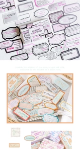 Vista detallada de pegatinas y etiquetas vintage para proyectos de scrapbooking DIY