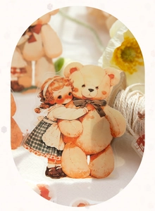 Close-up of retro girl and teddy bear PET stickers for journaling and scrapbooking