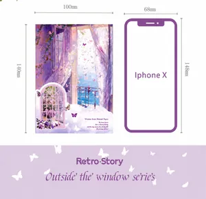 Detail view of 100x140mm vintage window scrapbooking paper shown with iPhone X for scale