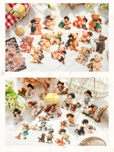 Detail of cute PET stickers featuring vintage kids, puppies and teddy bears for journaling