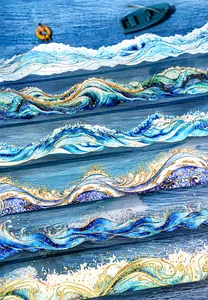 Macro detail of wave-themed PET tape with gold foil accents and blue ocean patterns