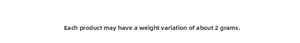 Detail card showing product weight specifications with a 2g tolerance for accuracy