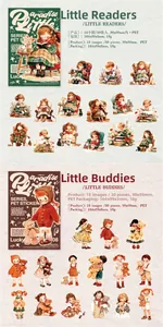 Nahaufnahme von PET Retro-Illustrationsaufklebern mit detaillierten Vintage-Charakteren