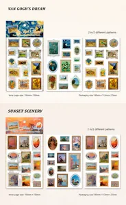 Detailed view of Van Gogh style art stickers and sunset scenery aesthetic paper decals