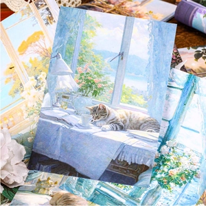 Retro window scenery scrapbook paper with impressionist cat and ocean oil painting style