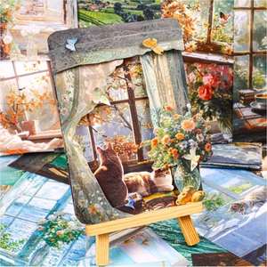 3D retro window scene scrapbook paper with wood stand featuring cats and flowers