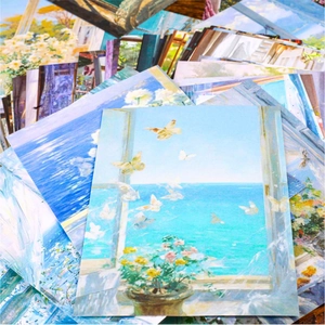 Impressionist oil painting window scene scrapbooking paper set with floral designs