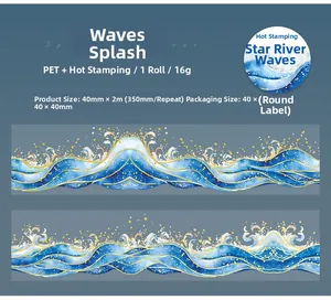 Macro detail of PET decorative tape with gold foil ocean wave pattern for journaling