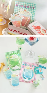 Creative peach and soda themed animal sticky notes with cute cat illustrations on packaging