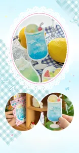 Detail of watercolor soda shape sticky notes with artistic sea salt theme packaging