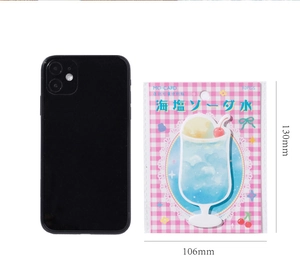 Size comparison showing cute soda-themed memo pads with dimensions 106mm by 130mm