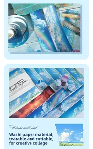 Close-up of sky-themed washi tape set with clouds and rainbows for creative scrapbooking