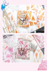 Macrodetail van laser-holografische PET-stickers met anime-meisjes en glasscherven