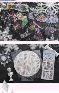 Macro detail van laser PET-stickers met regenboog gebroken glas textuur voor scrapbooking