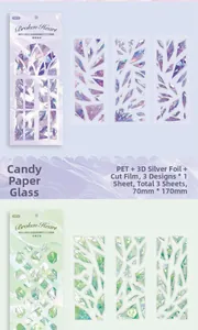 Macro-opname van Broken Heart-serie PET-stickers met laser-zilver gebroken glaseffect