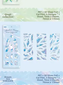 Macro-detail van PET-stickers met 3D-zilverlaserfolie en blauw glasachtig scherf-effect