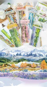 Detail of PET nature landscape stickers featuring cherry blossoms and forest scenery