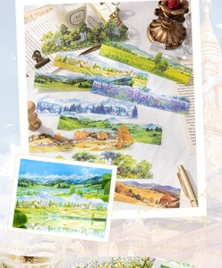 Detailed close-up of Natural Scenery PET stickers displayed with vintage props for DIY journaling