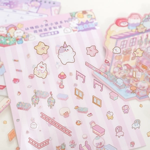 Miniature town stickers featuring cartoon bears and pink pastel scenic decoration