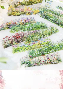 Macro detail of PET nature scenery stickers for DIY scrapbooking with floral designs
