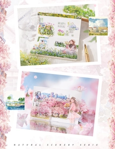Macro detail of PET sticker showing a girl in flowers and scenic landscape art