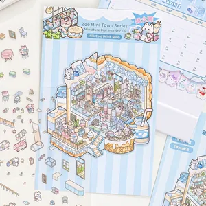 Miniature zoo town diary stickers with PET material and milk drink shop theme scenery