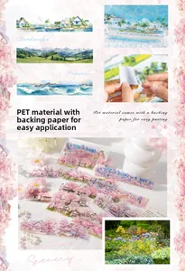 Macro detail of transparent PET nature stickers with watercolor landscape patterns