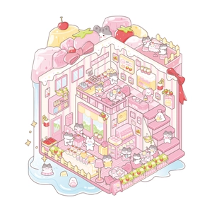 Cute pink 2.5D isometric cat cafe sticker with miniature pudding house for journaling