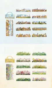Detail view of PET stickers showing city landscape and floral watercolor art dimensions