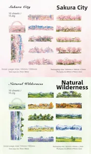 Detail of scenery PET stickers showing pack size, weight and various landscape designs