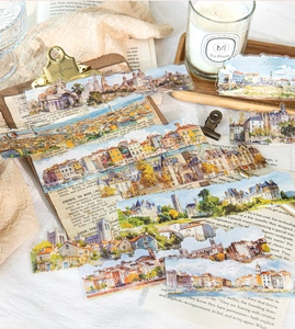 Detailed view of semi-transparent PET stickers featuring watercolor European architecture
