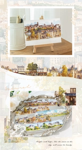 Detail showing European street view watercolor PET stickers for scrapbooking and DIY decor