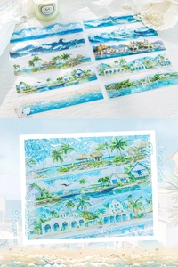 Detail view of Seaside Tour PET stickers featuring waves, beaches and palm tree illustrations