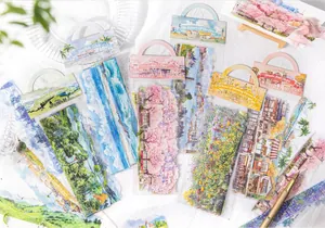 Detail of scenery PET stickers showing hand-drawn landscapes on a white textile surface