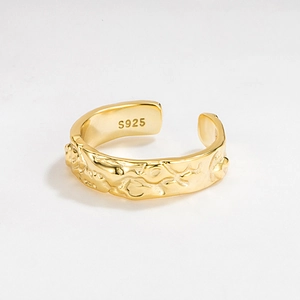 French Minimalist 925 Sterling Silver Irregular Adjustable Ring For Women 18K Gold Plated Hammered Texture Fashion Finger Jewelry