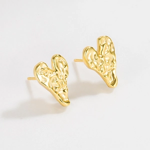 Irregular heart stud earrings in gold with 925 silver and textured foil surface finish