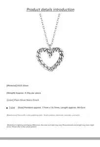 Detailed view of S925 sterling silver heart pendant with retro textured twist pattern