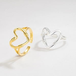 925 Sterling Silver Heart Open Ring For Women Ins Style Woven Hollow Adjustable Finger Ring 18K Gold Plated Trendy Jewelry