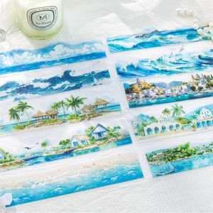 Ocean landscape watercolor PET stickers for DIY scrapbooking with wave and island motifs