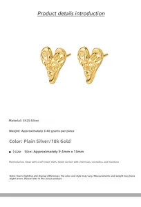 Detailed specs of S925 sterling silver heart earrings with hammered foil texture