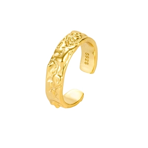 Irregular textured adjustable S925 sterling silver ring with gold plating finish