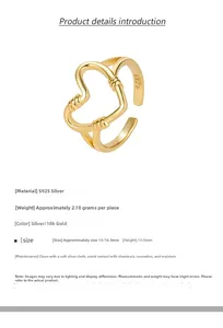 Macro shot of 18k gold plated S925 silver woven heart ring with dimensions and 2.10g weight