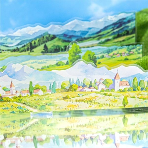 Hand-painted acrylic 3D natural landscape art piece with snowy mountains and European town