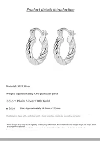 Detail of twisted 925 sterling silver U-shaped hoop earrings with precise measurements