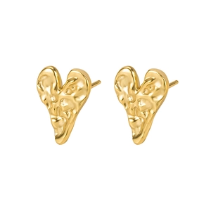 Irregular 925 sterling silver heart stud earrings with a textured gold foil finish