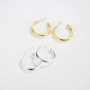Boucles d'Oreilles Créoles en Forme de C en Argent Sterling 925 pour Femmes Minimaliste Poli Rétro Géométrique Clous d'Oreilles Plaqué Or 18K Bijoux de Mode