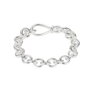 Minimalist S925 sterling silver chain bracelet with infinity hook clasp on white background
