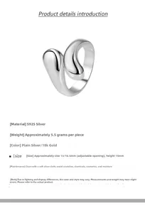 Macro detail of S925 sterling silver teardrop ring with 5.5g weight and size specifications