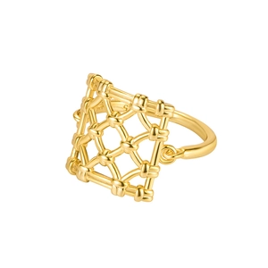 Minimalist square lattice woven S925 sterling silver gold ring shown on white background